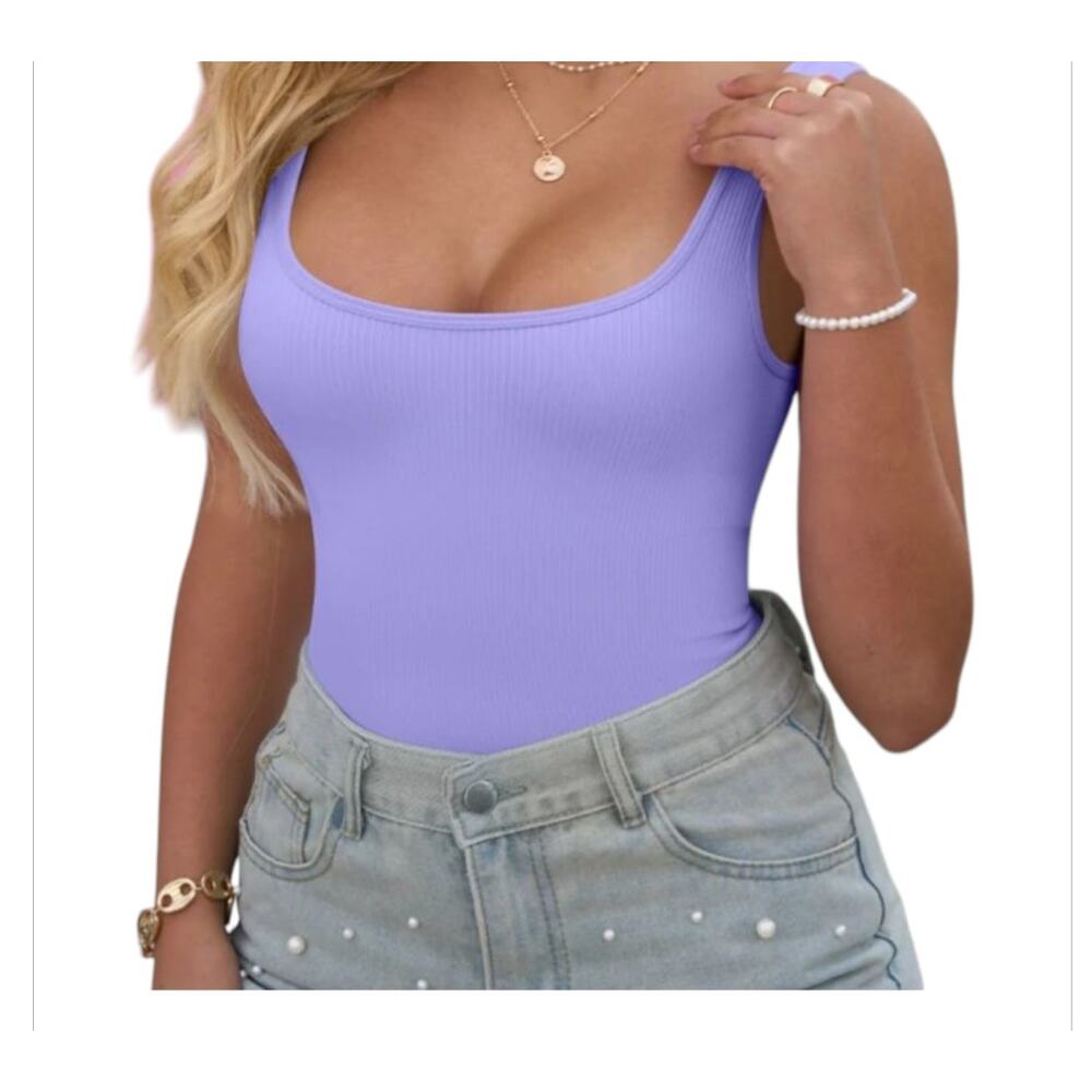 OQQ Womens Lilac Square Neckline Sleeveless Ribbed Body Suit Size XL